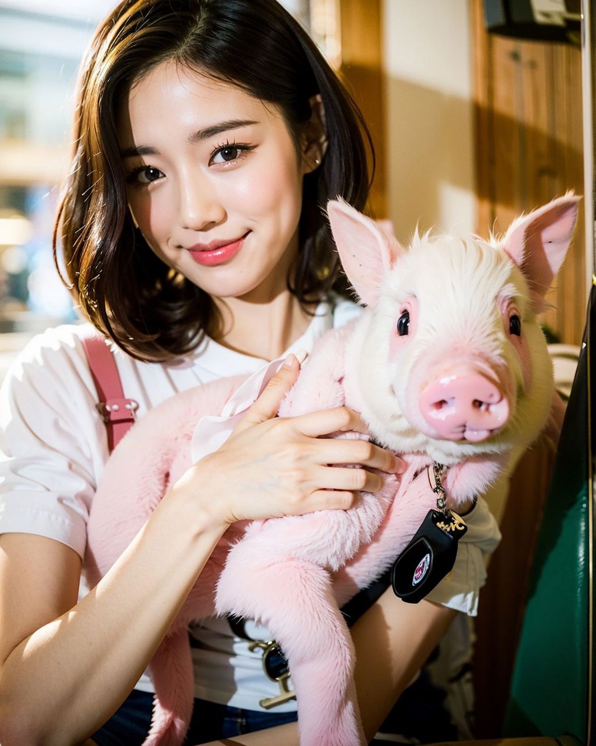 A woman wearing a pink shirt and holding a pink stuffed animal.