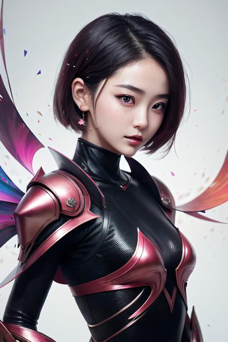 beautiful japanese young woman, wearing ninja armor, thick symmetrical features, very short hair, background is cherry blossoms, pink aura, red lips, octane render, <dhevv:l-style:o>