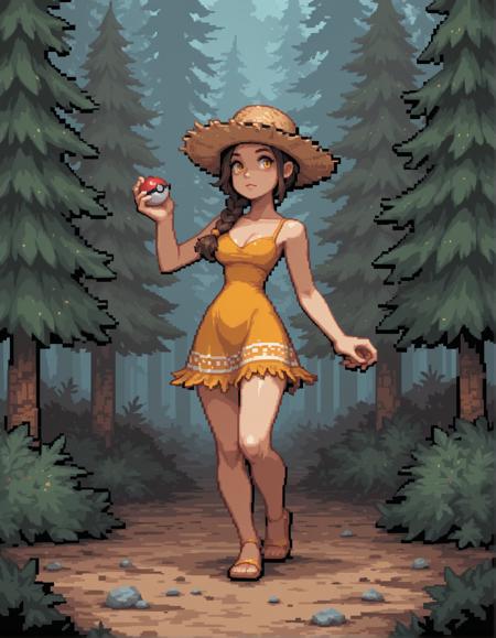 masterpiece, best quality, absolutely eye-catching, 1girl, woman, straw hat, side braid, brunette hair, yellow eyes, pine tree forest, pixel art, simple background, full body , holding poke ball
