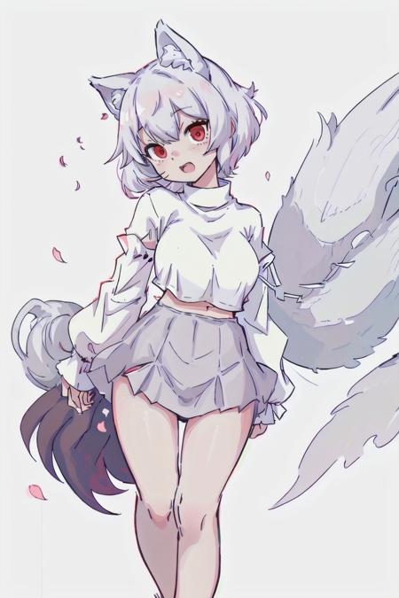 white_hair,petals,open_mouth,holding,solo,tail,long_sleeves,animal_ear_fluff,shirt,highres,fox_girl,yuuji_(yukimimi),fox_ears,puffy_long_sleeves,:d,animal_ears,barefoot,chibi,pleated_skirt,bottle,1girl,smile,puffy_sleeves,red_eyes,fox_tail,grey_skirt,cup,sakazuki,white_shirt,hair_between_eyes,skirt,standing