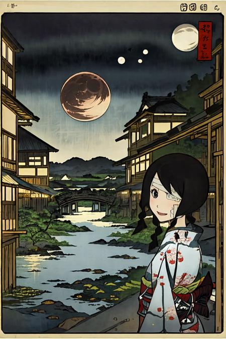 (masterpiece),(best quality), <lora:KobushiAbiru:0.8>, 1girl, Abiru, bandage over one eye, bandages,twin braids,kimono, smile, bloodmoon light, castle, on bridge, (background with japanese town in ruins:1), lake, mountains, (((night))),  <lora:edo_ukiyoe_v1:0.6>, edo_ukiyoe, outdoor,