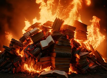 Hyperrealistic art cinematic film still photography in the style of detailed hyperrealism photoshoot,  haphazard pile of books, books piled high, (books piled everywhere:1.3), a modern book burning, embers, hot coals, burning, flames, intense heat, intense flames, inferno, flames everywhere, set outside in front of a school, nighttime, night shoot, bold lines, hyper detailed, shallow depth of field, highly detailed, high budget, bokeh, cinemascope, moody, epic, gorgeous, film grain, grainy, extremely high-resolution details, photographic, 8k, UHD, 35mm film, wide shot, zoomed out, realism pushed to extreme, fine texture, <lora:- SDXL - vanta-black_contrast_V3.0:1>, <lora:M05_Intensify:0.2> <lora:xl-shanbailing-1003fire:0.4> fire element, <lora:inferno:1> inferno, all over, big inferno, <lora:add-detail-xl:0.2>,
##STAND UP TO FASCISM## 