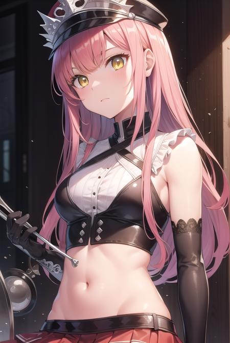 medb, <lyco:medb-lyco-nochekaiser:1>,
medb, long hair, pink hair, (yellow eyes:1.5),
BREAK choker, crop top, elbow gloves, gloves, hat, high heel boots, high heels, navel, peaked cap, red skirt, riding crop, skirt, thigh boots, thighhighs,
BREAK looking at viewer,
BREAK indoors, bed,
BREAK <lyco:GoodHands-beta2:1>, (masterpiece:1.2), best quality, high resolution, unity 8k wallpaper, (illustration:0.8), (beautiful detailed eyes:1.6), extremely detailed face, perfect lighting, extremely detailed CG, (perfect hands, perfect anatomy),