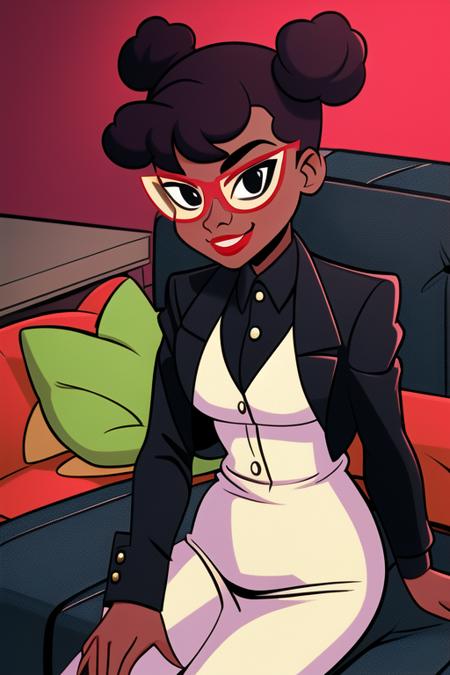 <lora:april_rtmnt:0.7>  masterpiece, best quality, 1girl, solo, smile, short hair, dark skin, black eyes, double bun, makeup, glasses, lipstick, dot pupils, indoors, red background, couch, sitting, black suit, black jacket, collared shirt, long sleeves, black pants,