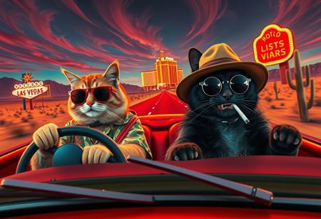 (((PERSPECTIVE FROM THE SIDE OF THE CAR))) of Two cats in a red convertible speeding down a desert highway toward a neon-lit Las Vegas skyline. The scene mirrors the iconic ‘Fear and Loathing in Las Vegas’ shot, but with feline travelers. (((The driver, a scruffy tabby in oversized aviator sunglasses and a Hawaiian shirt, grips the wheel with a wild expression. The passenger, a sleek black cat in a bucket hat and round tinted glasses, leans back with a smug grin, a cigarette dangling from its mouth and paws gesturing as he talks))).  Windshield visible with glowing luminescent bugs on it, ((perspective looking from the driver side)), exaugurated eyes and smile, smoking a joint, 
The environment is infused with psychedelic energy—distorted road signs melt into the horizon, the sky swirls with surreal colors, and cacti appear to sway and stretch. The desert landscape warps in a heatwave haze, while neon reflections shimmer in the car’s chrome details. The perspective is exaggerated and chaotic, capturing the frenetic, trippy atmosphere of the original scene in a humorous and feline twist.