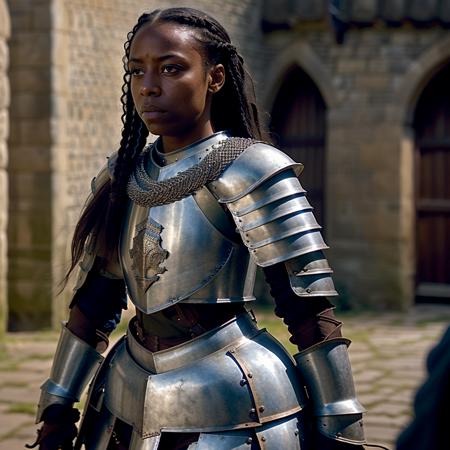 guard:1.3, <lora:RPGGuard:0.8>  1girl, long hair, brown hair, brown eyes, upper body, braid, outdoors, solo focus, ((dark skin)), armor, blurry, dark-skinned female, blurry background, shoulder armor, pauldrons, breastplate, very dark skin, chainmail, (medieval city street:1.1), (professional lighting:1.2)