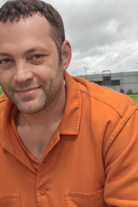 a male prisoner <lora:vinceVaughn:1> on the grassy prison yard, orange prison uniform, really short hair, prisoners in the background, RAW, 8K, UHD, dark cloudy day, candid, amateur, smiling:0.5