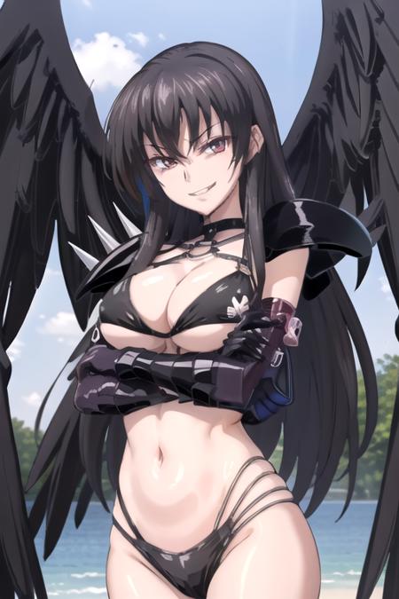 (((picture perfect))), (absurdres), 1girl, solo, <lora:raynare-dxd:0.8>, raynare, bikini, elbow gloves, shoulder pads, looking at viewer, crossed arms, smirk, smile