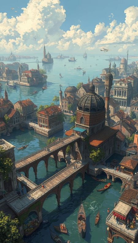 Art by Ismail Inceoglu, Perfectly square islands on the water with wooden arched bridges connecting these islands, on the islands are buildings covered with vineyards, buildings with pointed roofs and seating areas, bridges connect the second levels with all sorts of walkways crossing each other. Several alleyways with markets selling goods, small gondolas floating with people and goods back and forth. In one building, a shoemaker might be on the first floor, a tailor on the second floor, and the top third floor is their living quarters.
