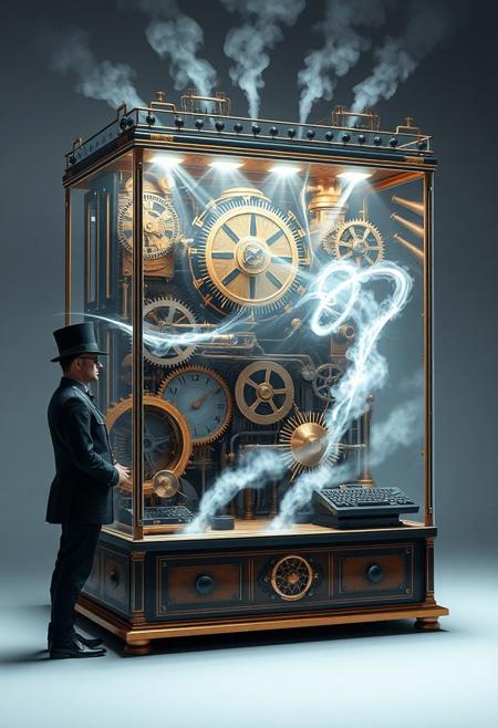 Inside of its glass case a fantastical steampunk quantum computer bends time and space. Beams of energy swirl and dance around the intricate clockwork gears and cog wheels. Steam issues from a bank of pipes along the top of the cabinet. Outside of the case a steampunk engineer, resplendent in his uniform wearing a top hat and goggles, stands at a keyboard to one side. This striking steampunk image, envisioned as a high resolution digital image, showcases the machine's ornate design and cutting-edge functionality. Every detail is meticulously rendered, creating a visually stunning masterpiece that captivates the viewer with its intricate beauty and technological brilliance.