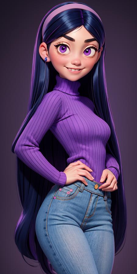 Deep blue long hair with purple headband, Black hair, round eyes with eyelashes, smiling expression, light pink turtleneck sweater, pinkish lips, serious expression, <lora:Violet_Parr:1> hand on hip, purple eyes, jeans