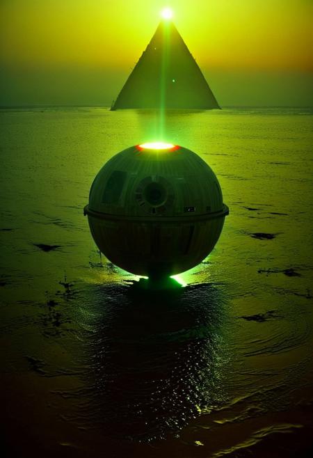 ()Hyoer Realistic:2.0)Polaroid picture an image of the (Death Star from Star Wars landing in the Pacific Ocean near Newport Beach, California:2.8). The scene is set during a clear, sunny day with a slight haze. The Death Star, with its intricate details and metallic surface, is partially submerged in the ocean, creating a dramatic contrast between the futuristic space station and the natural environment. The surrounding waters are calm, reflecting the Death Star's imposing presence. In the background, the coastline of Newport Beach is visible, complete with palm trees, buildings, and a few sailboats. The image features cinematic lighting, with the sun casting a warm glow on the scene. The atmosphere is detailed, with realistic water effects and a sense of scale that emphasizes the enormity of the Death Star. Ultra-high detail, 8K resolution, and a cinematic perspective
BREAK
()Hyoer Realistic:2.0)Polaroid picture 
an image of Ancient Egyptian pyramids, bathed in golden light, as a shimmering portal materializes beneath. The portal's iridescent glow illuminates the desert sands, beckoning travelers to enter. Capture the contrast between the ancient structures and the (futuristic, utopian universe within, teeming with lush vegetation, gleaming spires, and hovering spacecraft. Incorporate a sense of wonder and discovery, as the secrets of the pyramids unlock a gateway to a brighter, intergalactic future: 2.1)