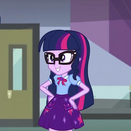 SciTwi EQG glasses ponytail blue hair purple skin and eyes