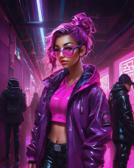 anime artwork <lora:SaFFe-Anim-LycorsFF:1> a girl in pink jacket and glasses is standing in a hallway, neon version of style jim burns, stylish coat for a rave, coat for a rave, purple and pink leather garments, she is wearing a wet coat, wearing a pink hoodie, cyberpunk anime girl in hoodie, purple jacket, wearing a purple detailed coat, neon cyberpunk style, fully clothed. painting of sexy . anime style, key visual, vibrant, studio anime,  highly detailed