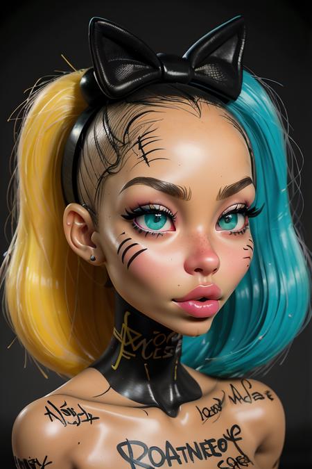 lush  1girl, (((tan lines))), ((puffy lips)), ((pronounced cheek bones)), red cheeks, tattoos, 3d, cgi, ((freckles)), blush, make up, toy, doll, robot, android woman, dark, high contrast, oily face with glare, thick hairy eye brows, double lush, strong colors,  sexy, large blue and green eyes, neck band, messy, drawn by hand, drawn with a spray can