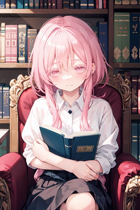 upper body, 
1girl, pink hair, (colored eyelashes, pink eyelashes:1.2), sleepy, faint smile, (smile:0.8), closed mouth, head down, sitting on armchair, looking at viewer, hand on own knee, book on knee, 
indoor, bookshelf, 
 <lora:colored_eyelashes000:1>,  