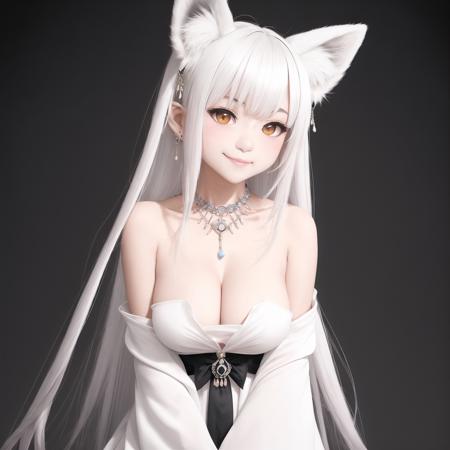 + +, 1girl, animal ear fluff, animal ears, animal hands, animal nose, bangs, blush, body fur, breasts, character name, claws, cleavage, collarbone, fang, female focus, fox ears, fox girl, furrification, furry, furry female, hair rings, happy, japanese text, jewelry, light blush, long hair, long sleeves, looking at viewer, medium breasts, monochrome, multiple views, necklace, off shoulder, open mouth, sidelocks, simple background, sketch, smile, snout, upper body, v-shaped eyebrows, white background, wide sleeves