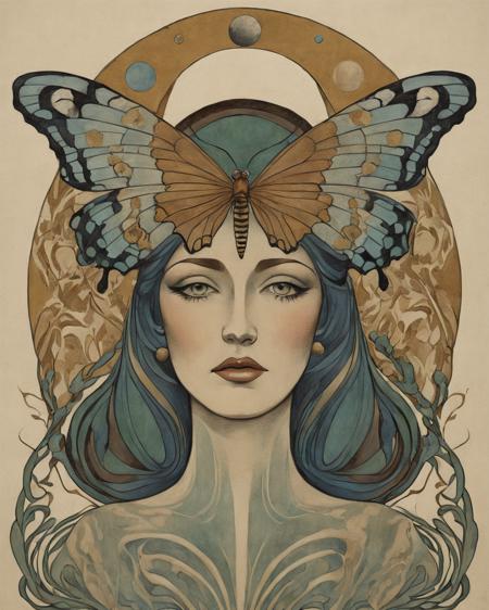 a drawing of a woman with a butterfly on her head and a crescent above her head, with a crescent in the middle of her head, Dirk Crabeth, leesha hannigan, an art deco painting, art nouveau