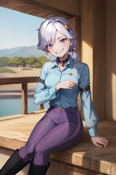 (masterpiece, best quality:1.2), <lora:bs_colette-10:0.8>, cowboy shot, solo, 1girl, colette, sharp teeth, grin, looking at viewer, sitting, white hair, two-tone collared shirt, sleeves past wrists, purple pants, boots