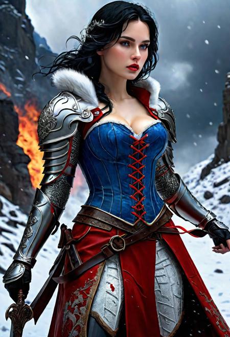 High resolution ultra-realistic of Beautiful Snow White warrior, Fantasy style, 8k, capturing the intensity of the moment, dramatic lighting, standing on a bloody and stormy battlefield in a fighting pose, fire, intricately designed iron armor, red skirt, perfect athletic figure, beautiful Warrior Swow White, fire, dirty face, ultra realistic, cinematic style, athletic figure, dark fantasy, covered in dirty and blood, cinematic colors Lighting, extremely detailed, 8K, wavy black hair, realistic dirty bloody pale face, realistic blue eyes, beautiful Snow White on in cool iron armor, hyper-detailed, hyper-realistic, bright colours, Attractive 21 old years girl, Attractive, beautiful firm Breasts, sharp focus, digital painting, Photograph Taken on Nikon D750, Alphonse Mucha, 8K, athletic figure, Hyperdetailed, hyperrealism, Attractive, Attractive bust girl, asymmetric balance