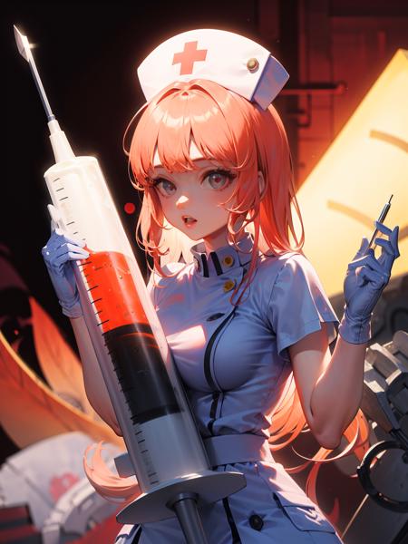 large syringe,holding syringe, nurse, nurse cap,white gloves,, masterpiece,1girl,cute