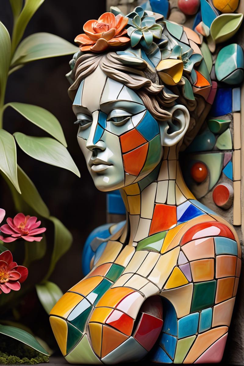A colorful mosaic statue of a woman's head, neck, and shoulders.