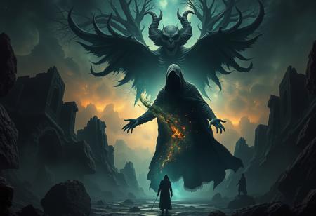 A universe inside a dark cloaked figure within mysterious landscape in an unfathomable realm of fantastic creation inhabited by ancient shadows of a forgotten time beyond the gate of the gateless gate where life is limitless, light is shadow and shadow is light, eerie sense, horror, spark of the beginning, existence and nonexistence at once, ethereal, outstretched arms, behold the end of the beginning, inglorious glory to the dark one, betrayal of the ancient order, beware the 7headed beast, destroyer of the old ways, bearer of the unbearable, nightmarish, archaic runes, tree aging backwards, breath of the gods, ruins of a place unimagined, extreme intricate detail, photorealistic, beyond epic scene, fate discarded, unseeable face of god, the end is the beginning, the beginning is the end, man arises as god dies, as above so below, as below so above, emerald tablet, thoth, guardian and saboteur of existence, hopeless hope, ghosts of the unborn, conception of the inconceivable, cosmic well of imperceptible perception, evil aura, infinite emptiness, pillars of void, overwhelming subtlety, abstract sacred geometry, beams of readiness without intention, gift of doom, despair of the ages, hidden secret warnings from dead gods, hand carved by the conductor of unholy loneliness with the sands of time incarnate, farewell her majesty of the most high, adorned with otherworldly artifacts