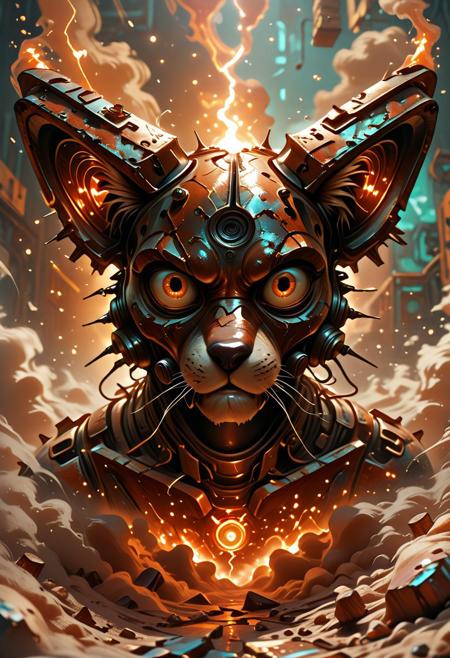 dvr-rst, REMEMX, masterpiece, best quality, absurdres, very aesthetic,, asymmetric, abstract image of a fever dream, angled view, feline,  rust texture, dust swirls, organic,  tension, bizarre, paranormal, octane render, rusty color pallet, volumetric light,