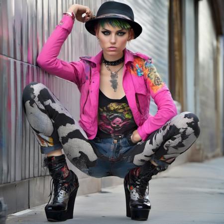 fashion punk model woman squat highly detailed, wearing pants, street wear, stunning, sharp focus, clear very expressive, attractive, artistic, cinematic, surreal, striking, full detail, pretty, amazing, delicate, extremely fine, intricate, awesome, elegant, luxury, elite, colorful, light, crisp, color, epic, iconic, complex background, inspirational, vibrant colors, perfect <lora:woman_squat_xl_lora:1>