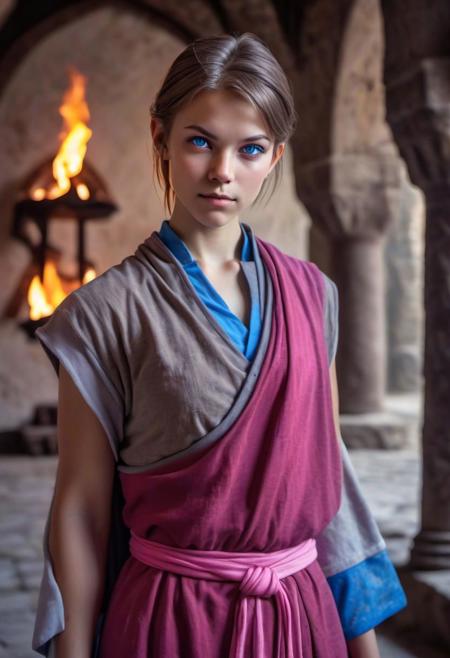 (photo:1.4) (D&D character) tan (Age 21) (monk/fire sorceress:1.23) (shorter layered hair, light brunette:1.26)  (28B-23-31 figure:1.24) makeup (sliver/pink attire:1.2) athletic (blue eyes) in monastery full body, real life, realistic, HDR