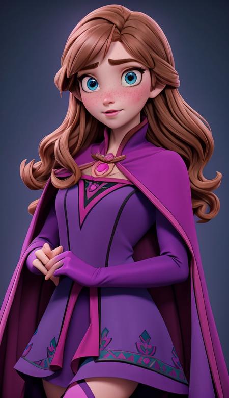 <lora:Anna:1> brown hair, blue eyes, thin eyebrows, pink lips, fair skin, visible eyelashes, purple cape with magenta lining, teal underdress, dark blue dress with flower motifs, black boots, green gloves, blushing cheeks, thick, upper body, freckles, detailed eyes,