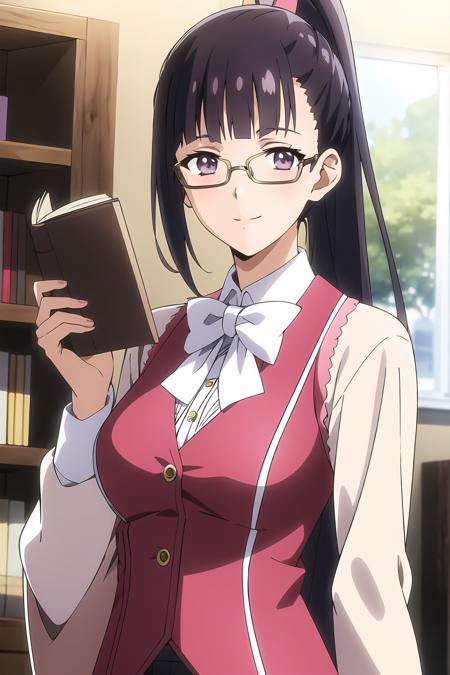 masterpiece, key visual, 1girl, solo, smile, dark blue hair, blunt bangs, high ponytail, office uniform, office, vest, glasses, holding a book, looking at viewer, purple eyes, ayame_yamagowa