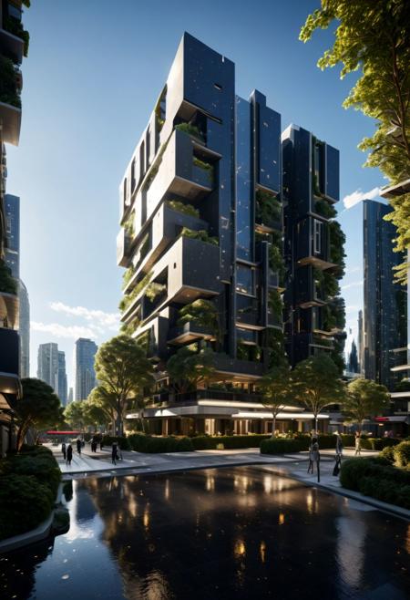 (((Modern style architecture, housing, luxury residence))),
outdoors, sky, tree, blue sky, no humans, ground vehicle, building, scenery, reflection, city, cityscape, bare tree, skyscraper, real world location,
(Large Files, Ultra Realistic, 8K, 16k, FHD, HD, VFX, Perfect, Photography, composition, Architecture Sales Photography, Architecture Competition, Ultra High Resolution, Cinematography, High Resolution Image:1.1), (dramatic lighting, direct sunlight, ray tracing, clear shadow:1.2), (real landscape:1.1), (blurred background:1.0), (urban background, more_details)  
(avant-garde, future, reality, science fiction, photorealistic), (modern architecture:1.2), White limestone with black granite, fountain, waterfall, landmark, square, path, narrow street,
(Large Files, Ultra Realistic, 8K, 16k, FHD, HD, VFX, Perfect, Photography, composition, Architecture Sales Photography, Architecture Competition, Ultra High Resolution, Cinematography, High Resolution Image:1.1), (dramatic lighting, direct sunlight, ray tracing, clear shadow:1.2),  (real landscape:1.1), (blurred background:1.0), (urban background, more_details) ,
great lighting, extremely detailed, clear, SteamPunk, futuresurban