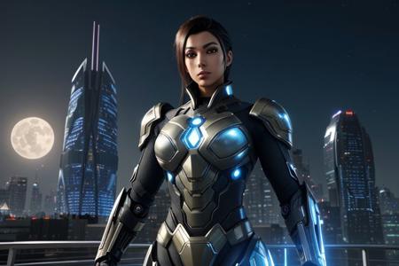 intricately detailed photograph of a gorgeous ((futuristic)) super-soldier of ambiguous ethnicity named Ava, detailed realistic eyes, detailed hair, detailed skin, wearing (sleek high-tech:1.1) power armor, appealing, eye-catching, aesthetic, (stunning shiny (advanced) outdoor nighttime future city:1.1), incredible metal buildings, impossibly tall ultramodern skyscrapers, full moon, stars, (amazing background:1.2), (vibrant colors), 8K, UHD, HDR, ultra-hd, cinematic, volumetric, dramatic, epic, realistic, breathtaking, impressive, high quality, best quality, masterpiece, (((anime))), (((cartoon))), (unreal engine 5), (raytracing)