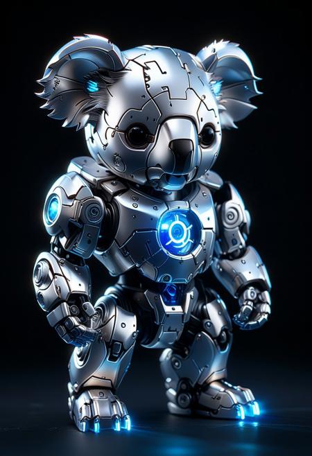 SilverPulse, silver sculpture of a mech chibi koala, powerful energy beam shooting from chest,  opulent study, layering outline with zirconia light, intricate, hyper-detailed, professional photoshoot, ultra-sharp, vivid colors, dark lighting, 50mm lens,