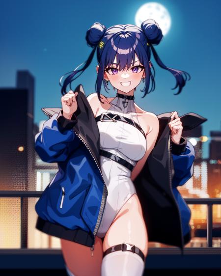 1girl, lillaslf1, blue hair, purple eyes, double bun, white leotard, black straps, oversized blue jacket, grin,
outdoors, city, night sky, blue ambient lighting, cyberpunk, moon,

<lora:lillav3:1>