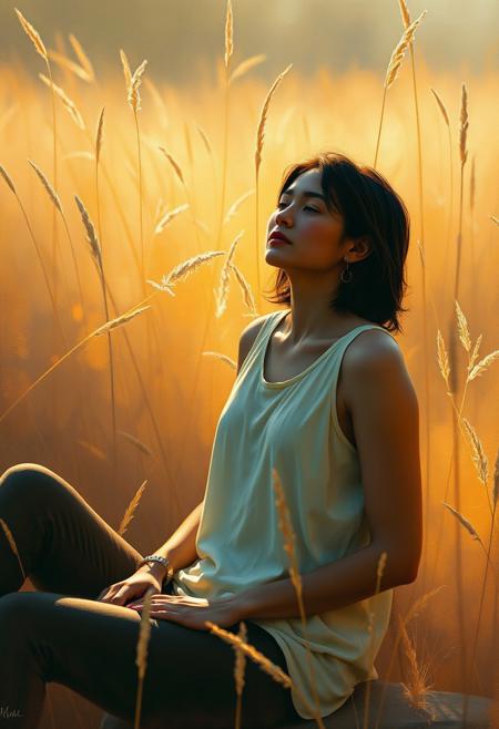 A solitary figure in a glowing natural setting, their pose relaxed but their face distant, as if lost in deep existential contemplation, reflecting disintegration and personal growth.luminous impressionist realism infused with deep psychological introspection, soft natural light blending with subtle emotional tension, figures in sunlit outdoor settings with hidden layers of existential contemplation, harmonious earthy color palettes contrasting with nuanced expressions of inner struggle and transformation