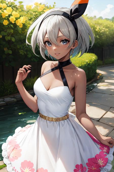 bea pokemon, black hairband, dark-skinned female,1girl, hair between eyes,  grey hair, short hair, solo,  grey eyes, looking at viewer,  bow hairband, Whimsical floral print dress with a halter neckline and a flowy silhouette , outdoors, smile, parted lips<lora:bea_pokemon:1>