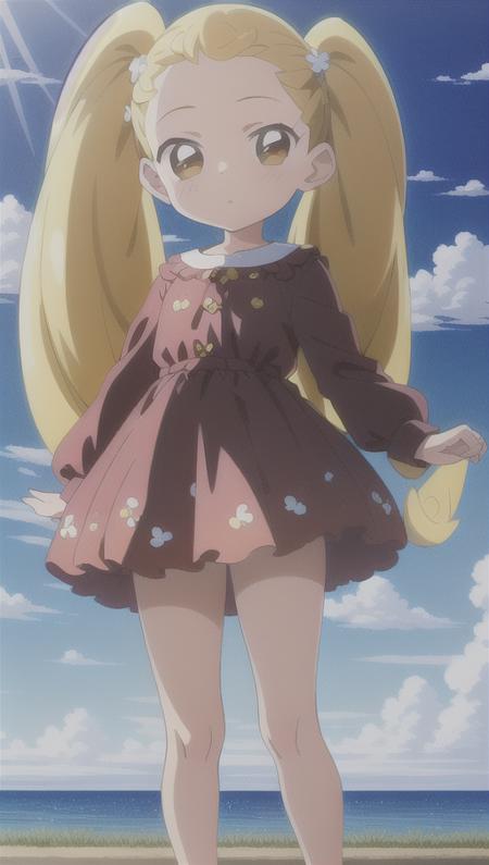 (little girl), (masterpiece), highest quality, ((high detail:1.2)), (HDR), cel anime, (cinematic light:1.1), highres, hana makihatayama, 1girl, (full body), blonde hair, long hair, twintails, hair intakes, brown eyes, dot nose, (hanacasual), blue sky, park, <lora:hana_makihatayama:0.8>