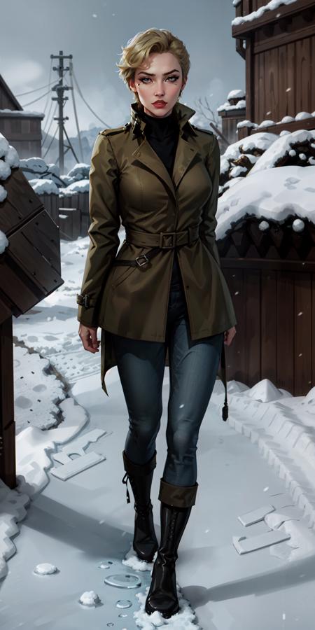 1girl, full body of sinclair, arms behind back, trench coat, high collar, turtleneck, pants, boots, outdoors, winter, snowing, looking at viewer, volumetric lighting, best quality, masterpiece, realistic, <lora:sxz-helga-sinclair-v6:0.8>