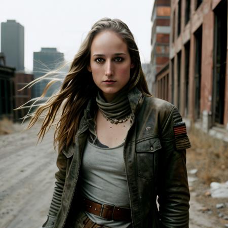 RAW photo, a photo of leelee sobieski in wastelander clothes, long haircut, pale skin, slim body, background is city ruins, (high detailed skin:1.2), 8k uhd, dslr, soft lighting, high quality, film grain, Fujifilm XT3 <lora:leelee sobieski v1.1:0.9>