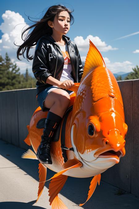 a girl riding on a large goldfish