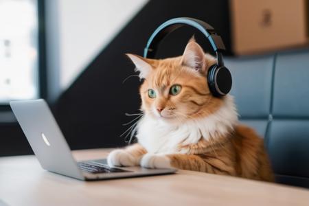 a cute cat with headphones working on a laptop in a startup environment