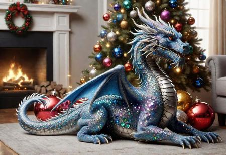 ral-glitter blue dragon siting next to a pile of  (colorful gems), under a Christmas tree, (living room), highly detailed clean, beautiful detailed intricate, 8K,