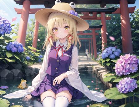 1girl, moriya suwako, hydrangea, blonde hair, flower, thighhighs, solo, yellow eyes, ribbon, hat, hair ribbon, purple skirt, torii, red ribbon, frog, white thighhighs, skirt, smile, long sleeves, vest, wide sleeves, looking at viewer, outdoors, bangs, brown headwear, sitting, pink flower, blush, purple vest, tress ribbon, shirt, lily pad, animal, white shirt, sunlight, long hair, blue flower, purple flower, water, day, closed mouth, medium hair, light rays, sidelocks, petals, knees up, skirt set, parted bangs, masterpiece, best quality,, ray tracing, Tyndall effect,  depth of field, blurry background, blurry foreground, light particles, reflection light, rim light, bloom effect,