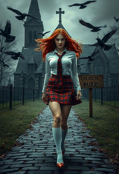 (masterpiece, ultra-detailed, high-resolution, cinematic lighting, photorealistic).
A beautiful redhead woman in red plaid miniskirt, long wavy red hair being blown by the wind, large round breasts, wide hips, white long sleeve button down shirt, uniform red plaid tie that matches skirt, knee high white socks,  sexy voluptuous body, beautiful face, is walking on cobblestone path  in front of an old gothic church, ravens flying around:0.8, mystery and dark:0.9, horror film, horror, foggy, old sign on pathway to church says “CHURCH OF THE SACRED BUZZ”:2.5,