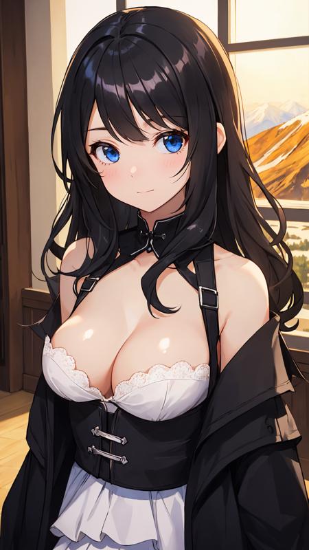 (masterpiece), (best quality), looking at viewer, 1girl, bright skin, (shiny skin:1.2), (black theme), indoors, curious face, upper body, (natural wavy:0.8), medeum breasts, day, layered style, mountain, black hair,