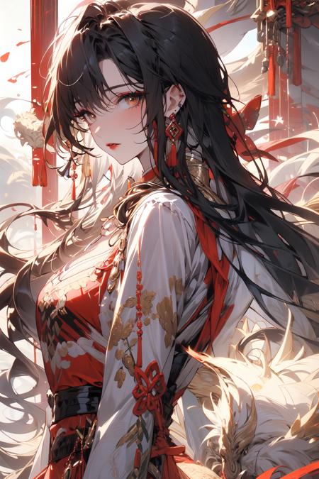 , (masterpiece:1.2), best quality,PIXIV,midjourney portrait,
jewelry, dress, red dress, earrings, long hair, 1girl, solo focus, long sleeves, looking at viewer, gloves, brown eyes, necklace, ribbon, hair ribbon, brown hair, beads, closed mouth, black gloves, tassel, red lips, makeup, red ribbon, breasts, skirt hold, print dress, chinese clothes, wavy hair, floral print, bangs
 <lora:midjourney portrait_20230625143136:0.9>