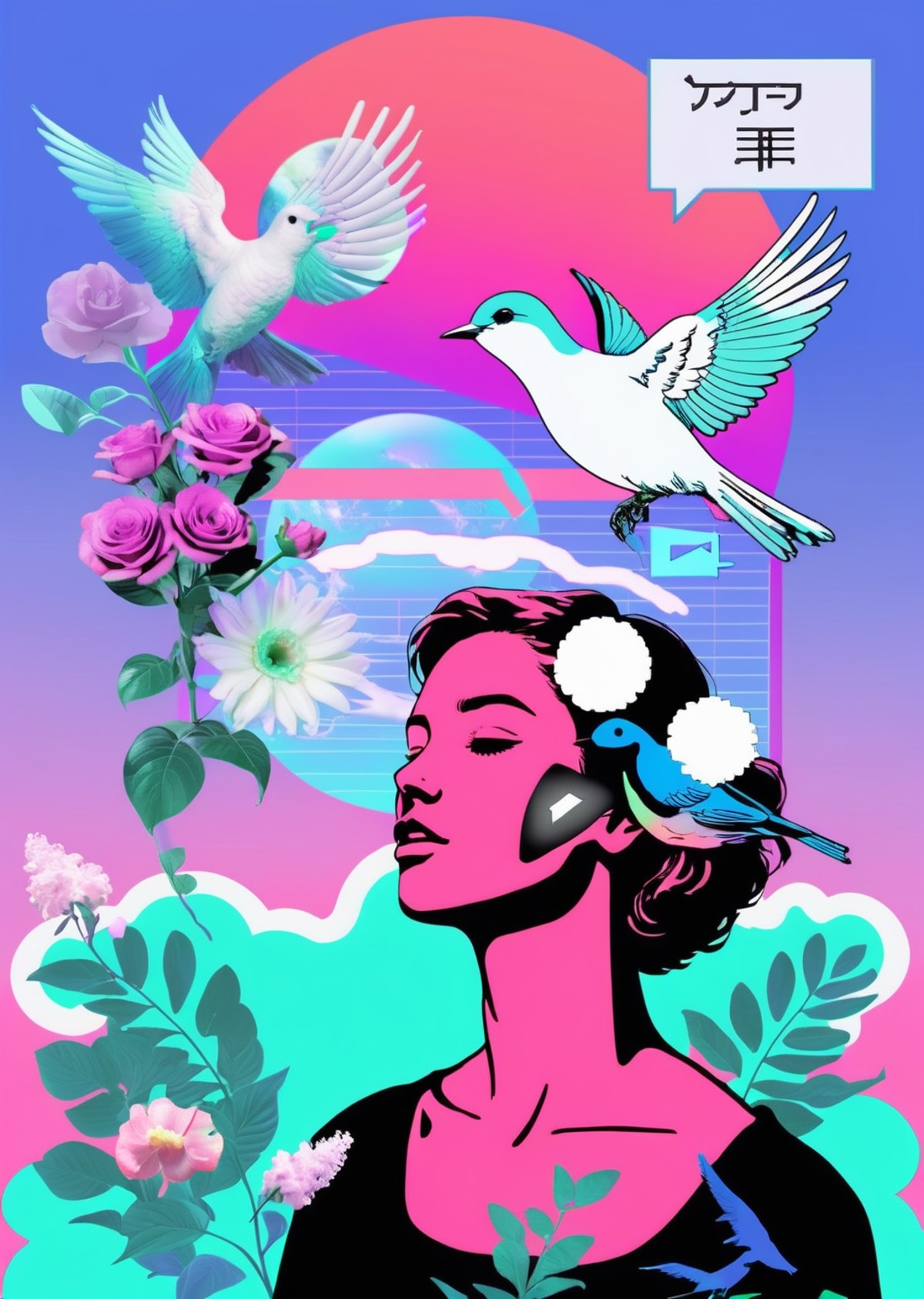 a woman with flowers in her hand and a bird flying above her and a message that reads : 'VAPOR-GRAPHIC',   <lora:vapor_gra...