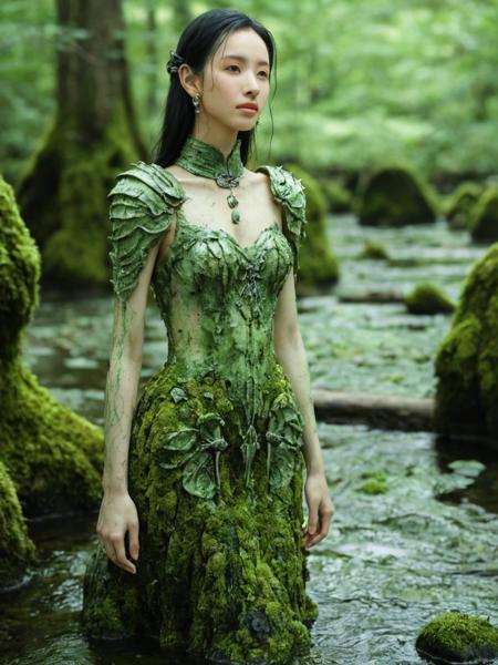 realistic, skintexture, <lora:cdl2_ej_JuggXL_1:0.6> chenduling woman, jewelry,earrings,armored dress,A land full of slime moss stagnant water and insects